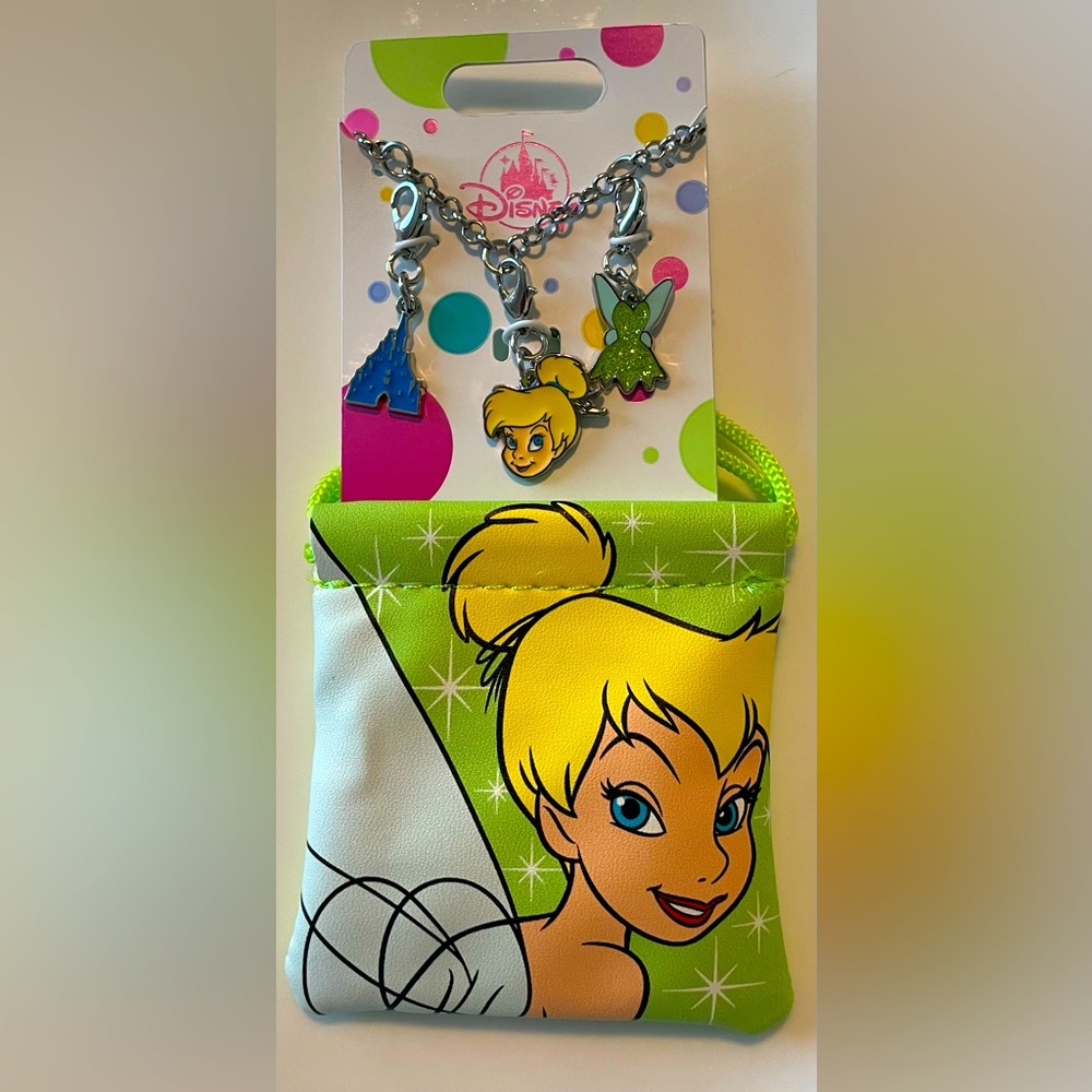 Disney Tinkerbell Charm Bracelet - Three Charms - NEW - includes pouch
